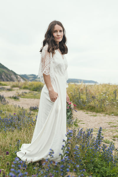 'Peony' Hemp silk & lace wrap bridal dress