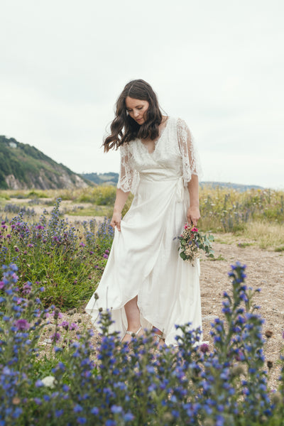 'Peony' Hemp silk & lace wrap bridal dress