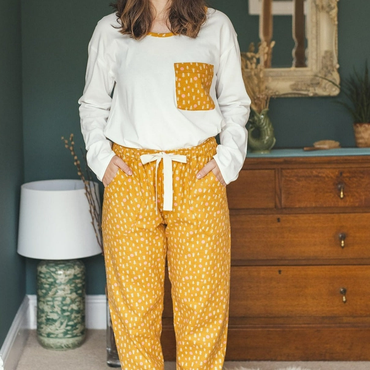 SALE - Gold trees brushed organic cotton pyjama set, trousers & long sleeve top, size M