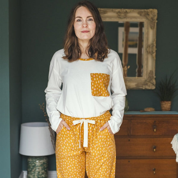 SALE - Gold trees brushed organic cotton pyjama set, trousers & long sleeve top, size M