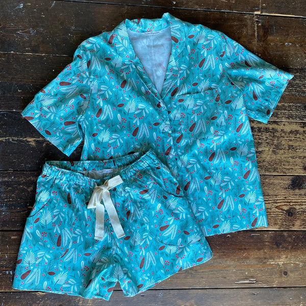 SALE - Pine print organic cotton pyjama shorts & shirt set size M & L