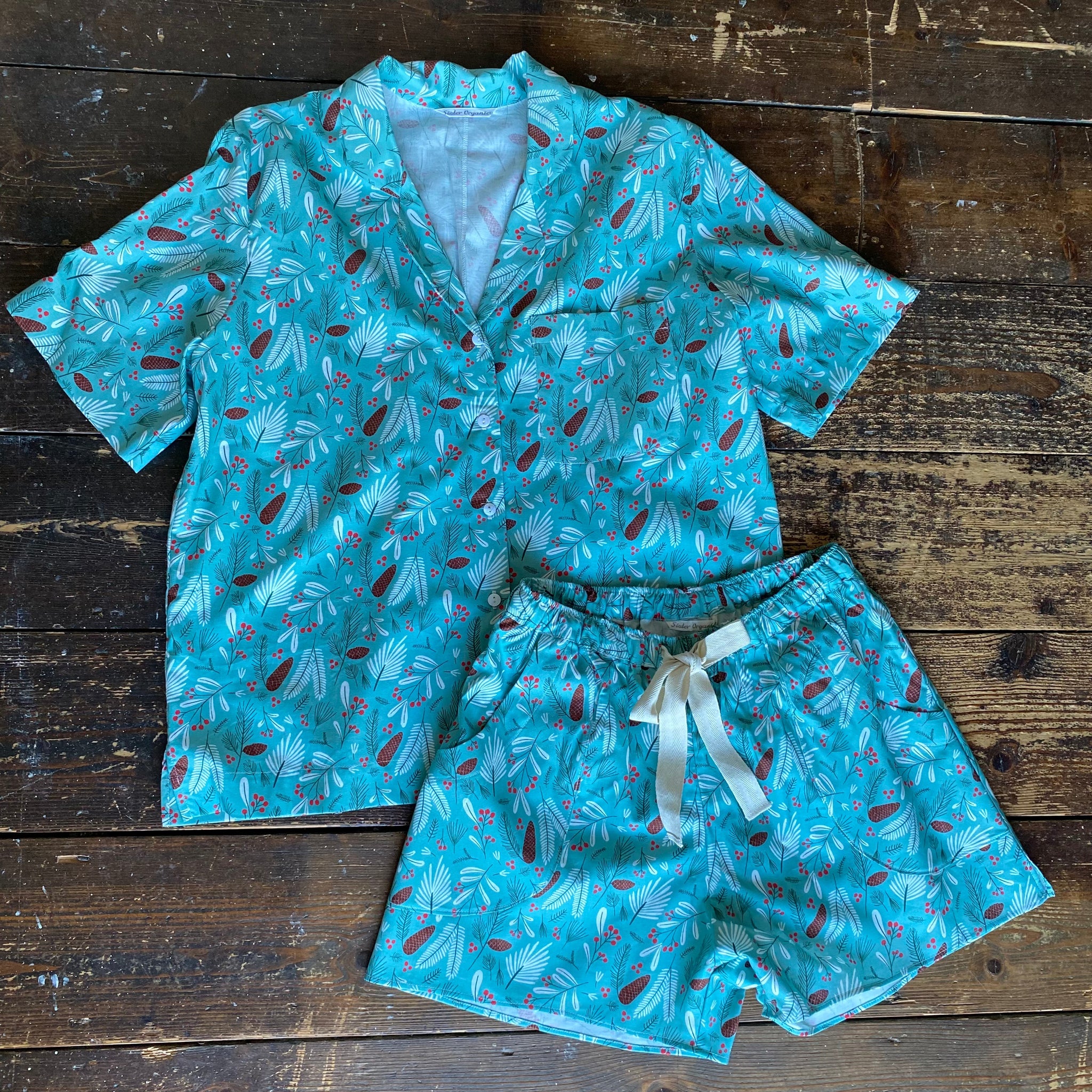 SALE - Pine print organic cotton pyjama shorts & shirt set size M & L