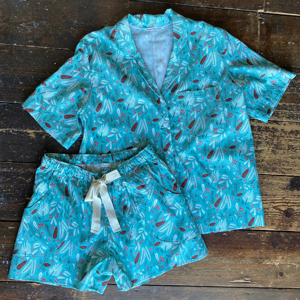 SALE - Pine print organic cotton pyjama shorts & shirt set size M & L