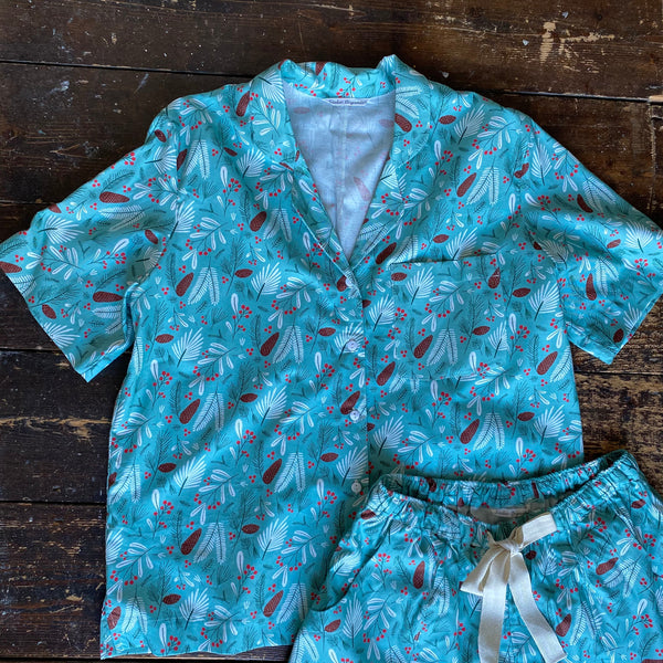 SALE - Pine print organic cotton pyjama shorts & shirt set size M & L